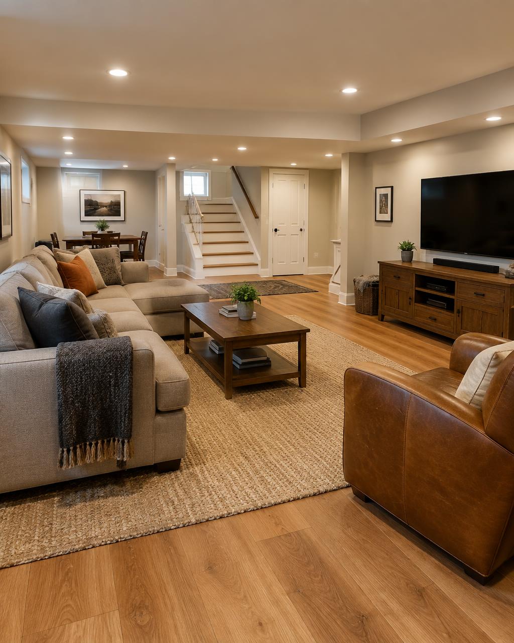 Finished basement with wood flooring, drywall and recessed lighting