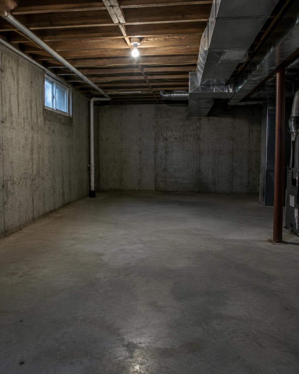 Unfinished basement with bare concrete walls and exposed joists