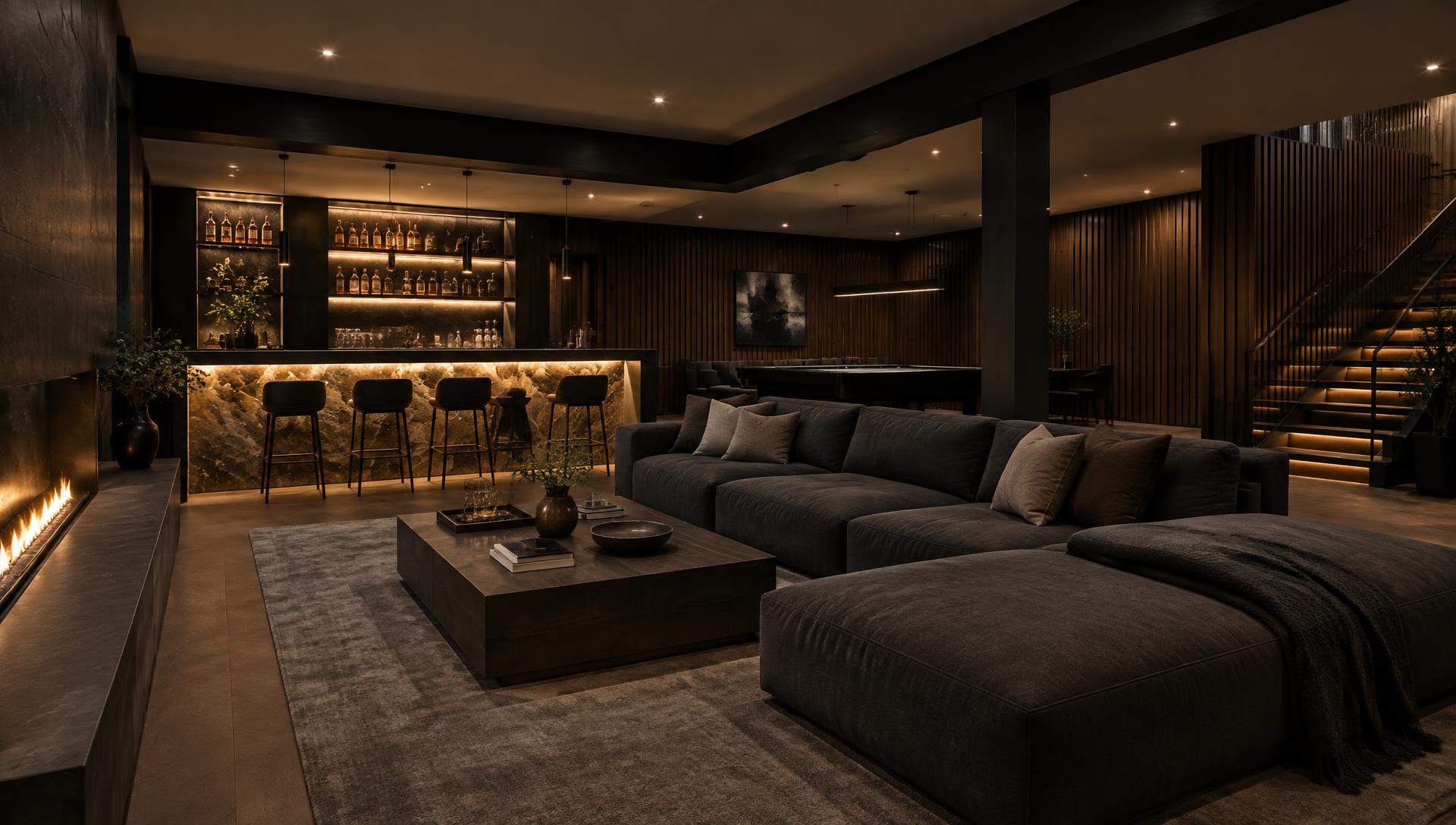Finished basement with a lounge, backlit bar and linear fireplace