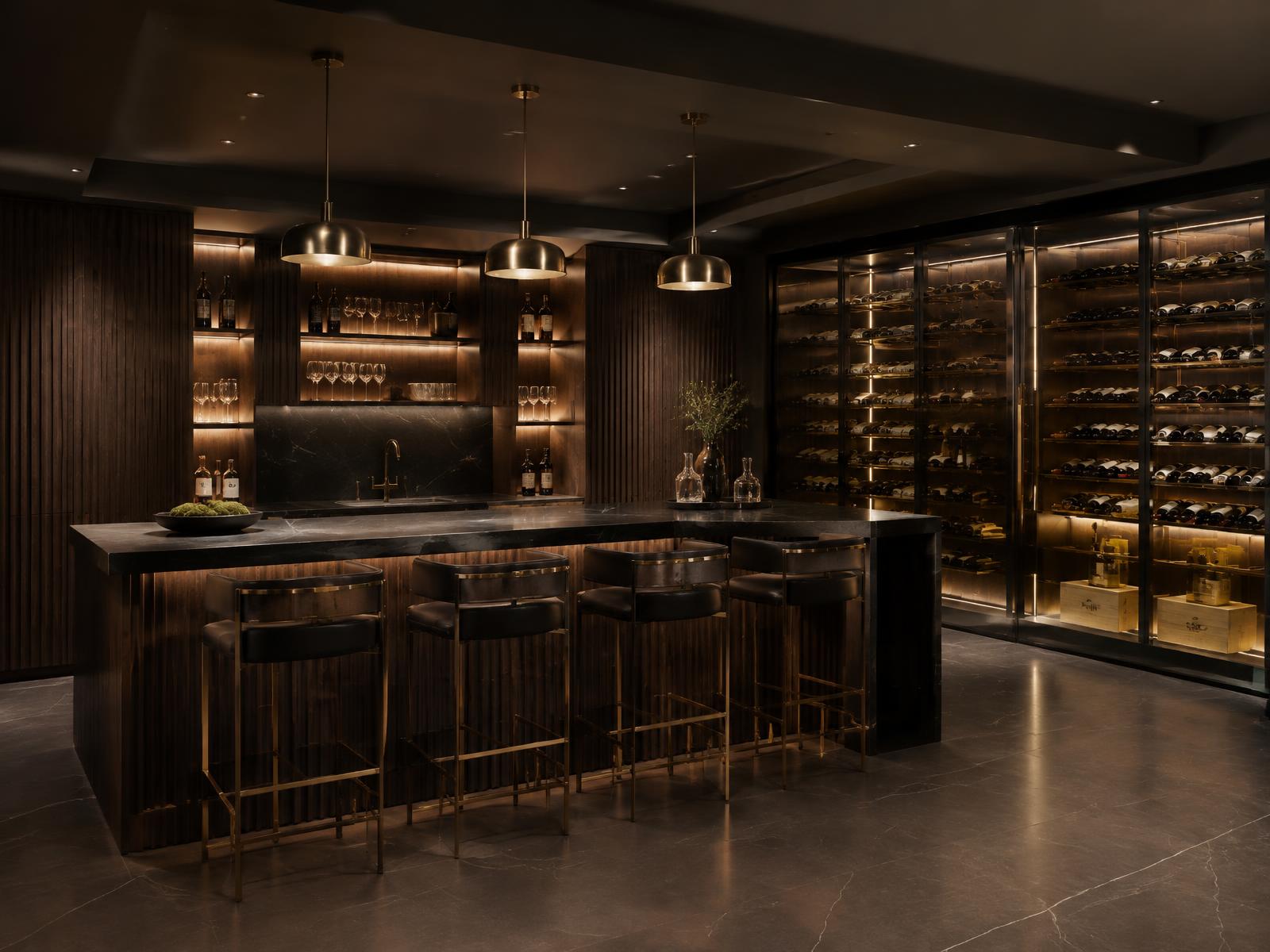 Finished basement bar with fluted wood cabinetry and a glass wine wall